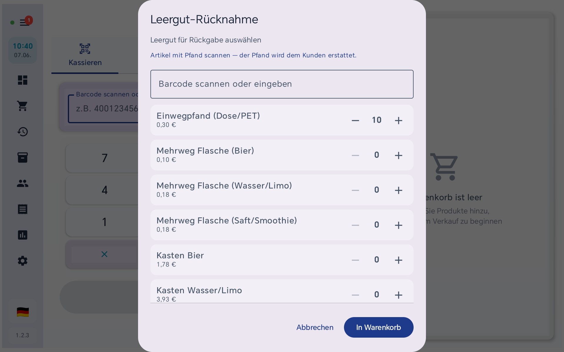 Leergut-Liste mit gewählter Menge