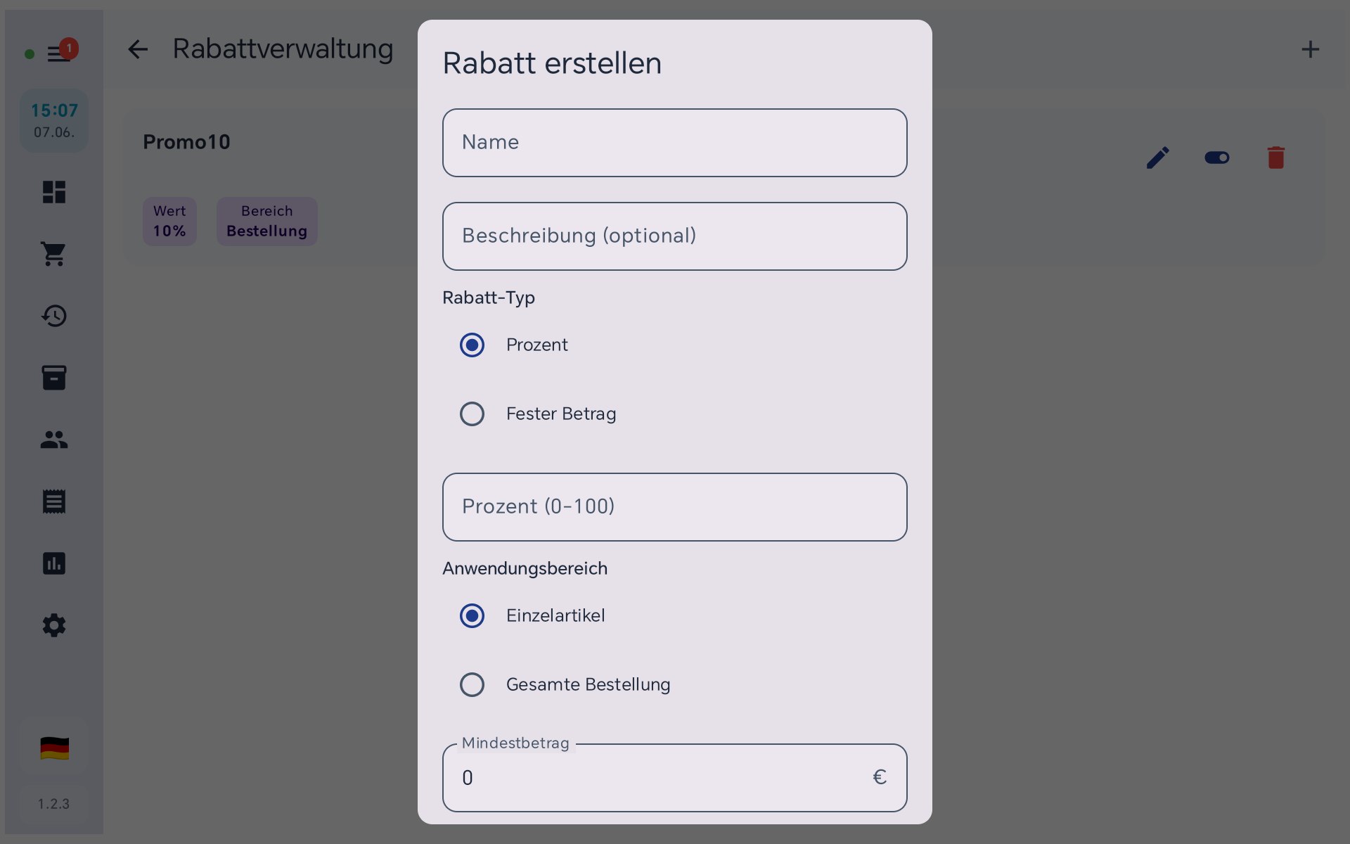 Dialog Rabatt erstellen mit Typ, Wert und Anwendungsbereich