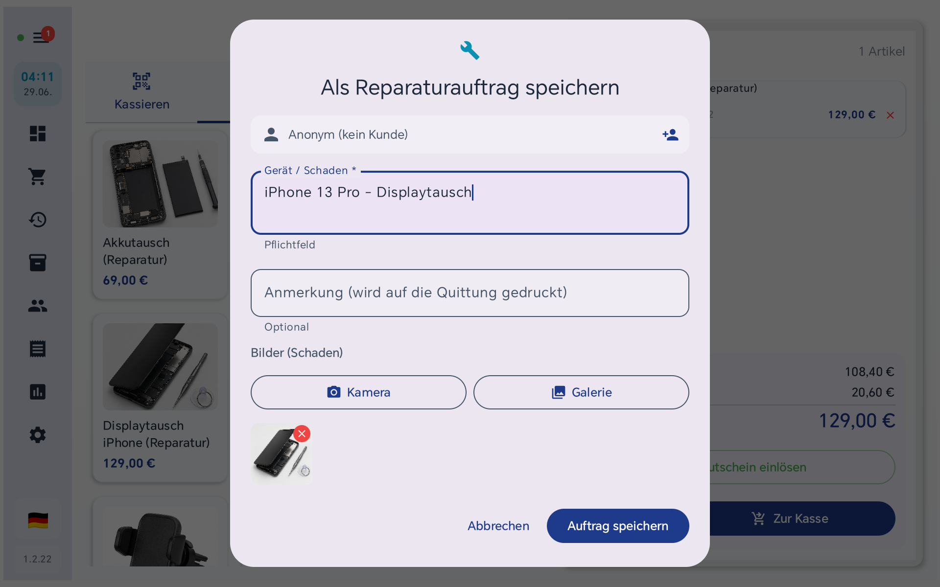 Annahmedialog für einen Reparaturauftrag mit Gerätefeldern, IMEI und Schadensfotos