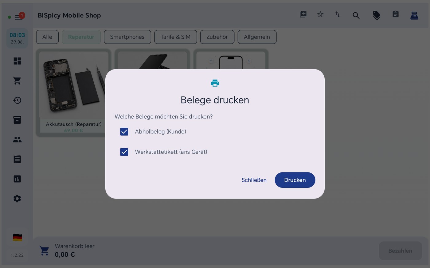 Dialog Belege drucken mit Abholbeleg und Werkstattetikett