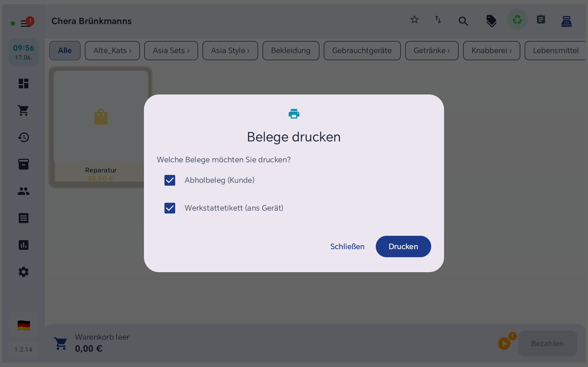 Dialog Belege drucken mit Abholbeleg und Werkstattetikett