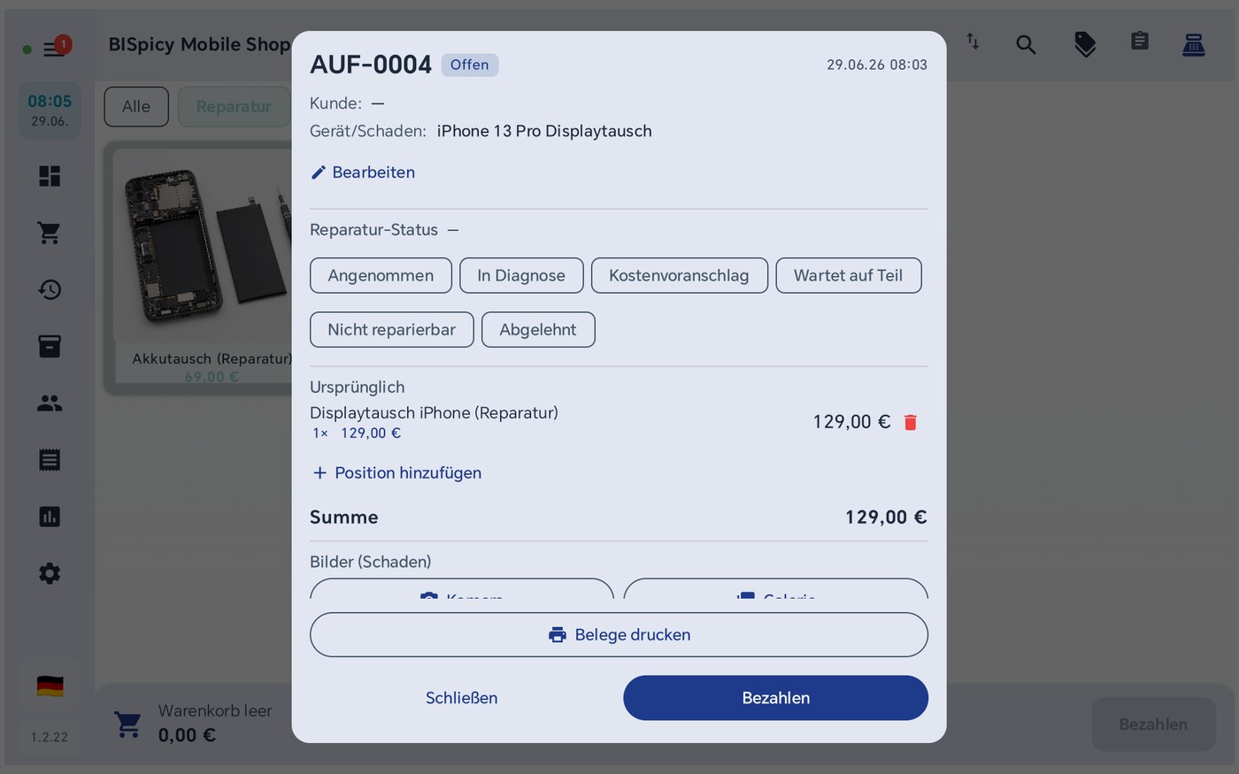 Reparatur-Detaildialog mit Positionen, Summe, Bearbeiten, Belege drucken und Bezahlen