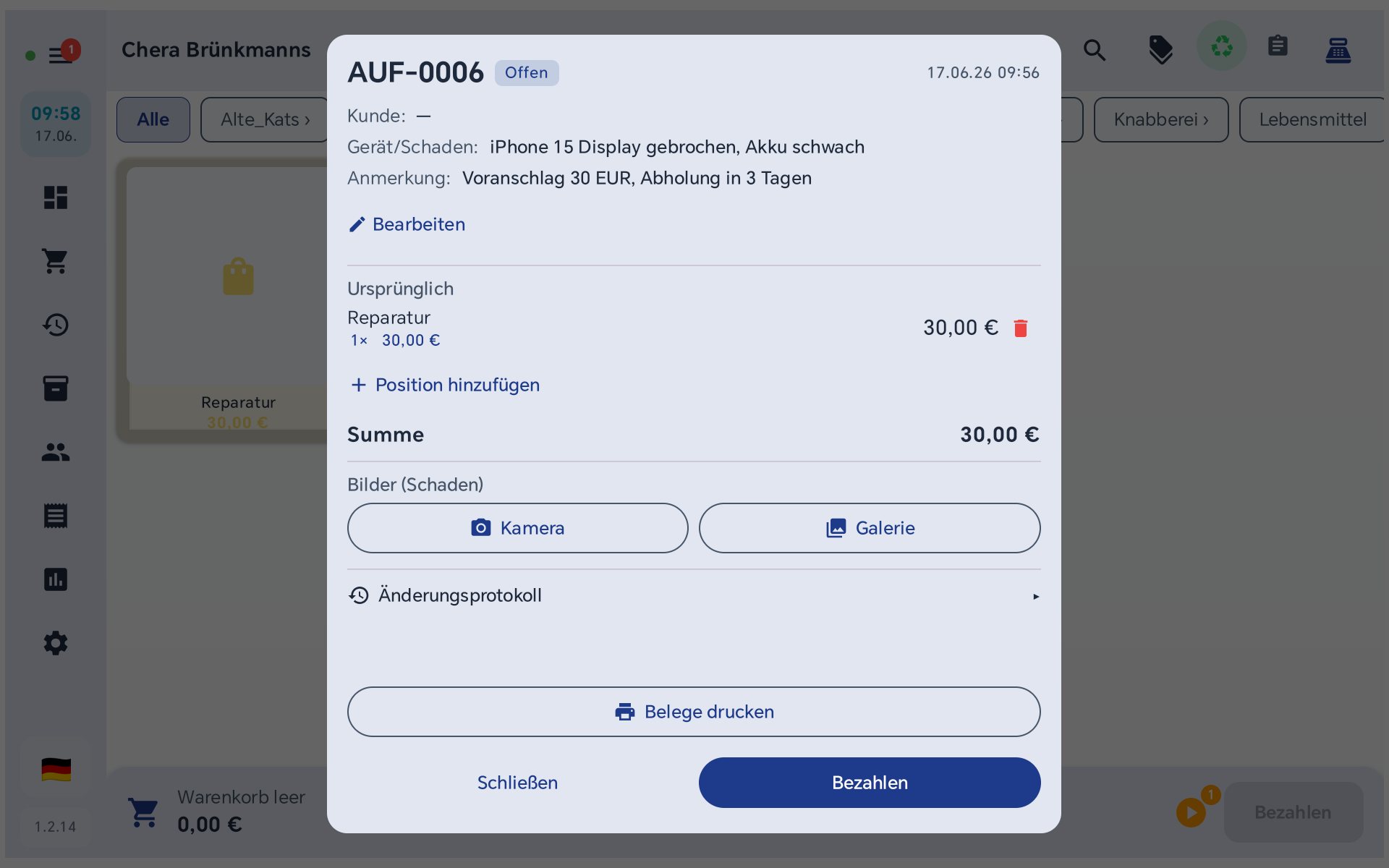 Reparatur-Detaildialog mit Positionen, Summe, Bearbeiten, Belege drucken und Bezahlen