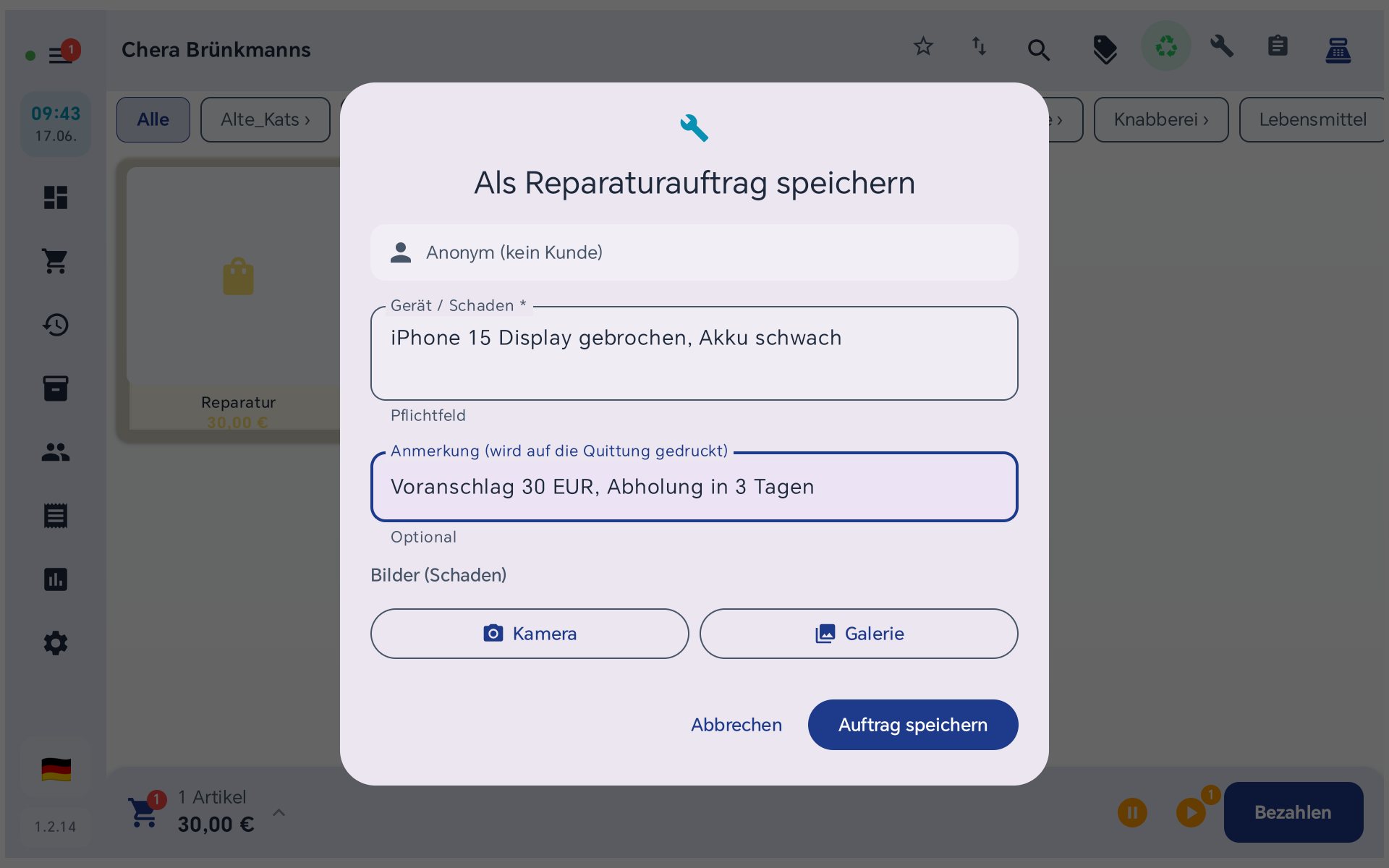Dialog Als Reparaturauftrag speichern mit Gerät, Schaden und Anmerkung