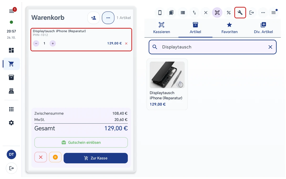 Verkaufsansicht der Kasse 1.3.17: im Warenkorb die Position Displaytausch iPhone (Reparatur) für 129,00 Euro, oben in der Leiste rot markiert der Schraubenschlüssel Als Reparaturauftrag speichern