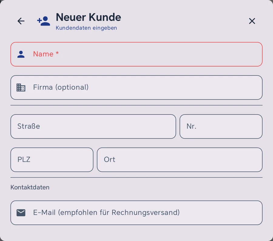 Formular Neuer Kunde in Kasse 1.3.17 mit Pflichtfeld Name, Firma optional, Straße, Nr., PLZ, Ort und unter Kontaktdaten E-Mail empfohlen für Rechnungsversand