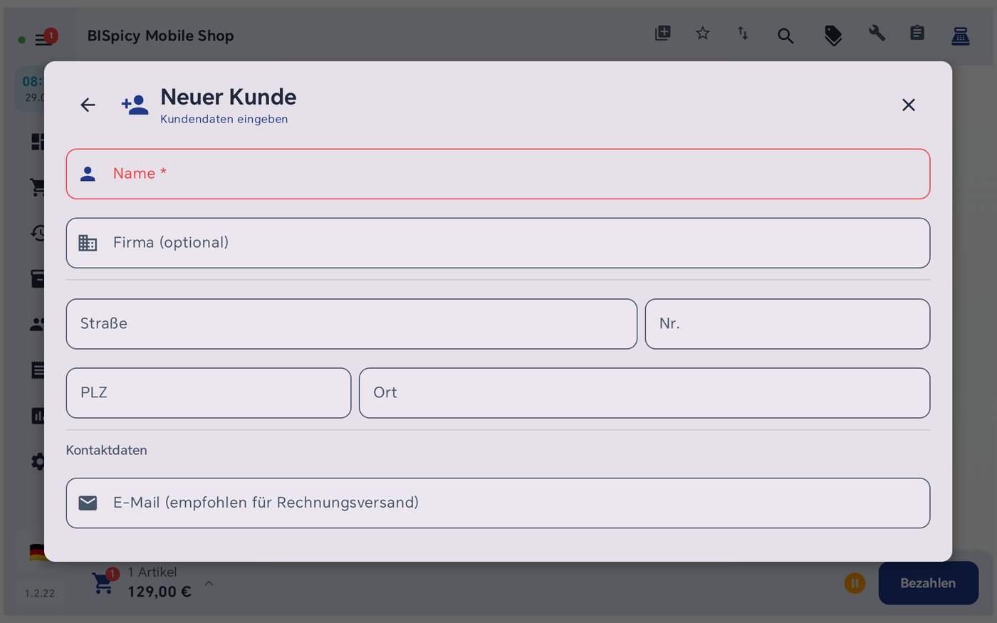 Formular Neuer Kunde mit Pflichtfeld Name, optionaler Firma und Adresse sowie empfohlener E-Mail-Adresse