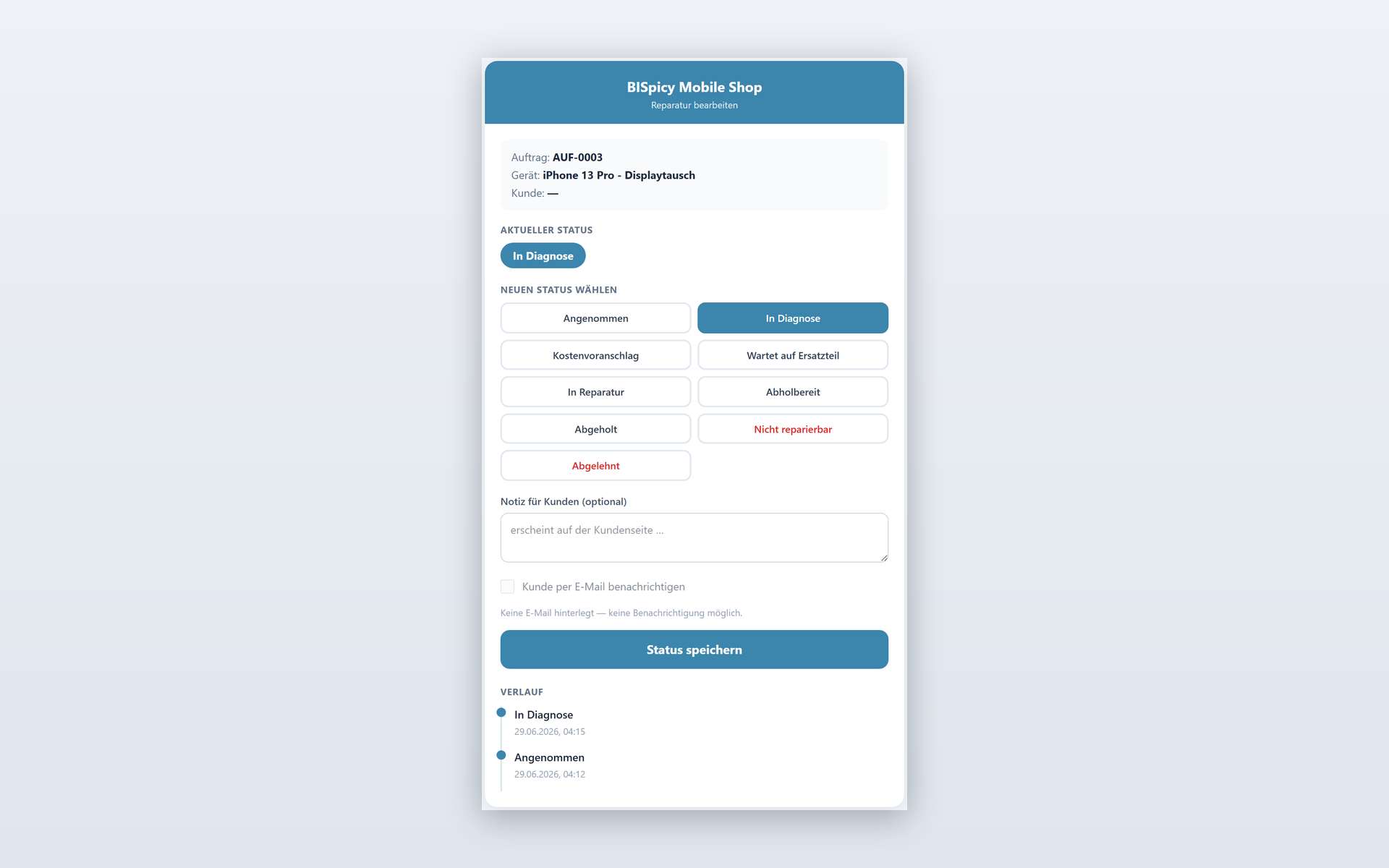Mitarbeiter-Bearbeiten-Seite ohne Login mit aktuellem Status, allen wählbaren Stufen, Kundennotiz und Status speichern