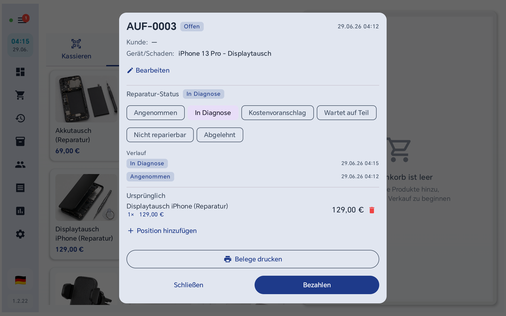 Auftragsdetail AUF-0003 mit dem Block Reparatur-Status, den Status-Stufen und dem Verlauf