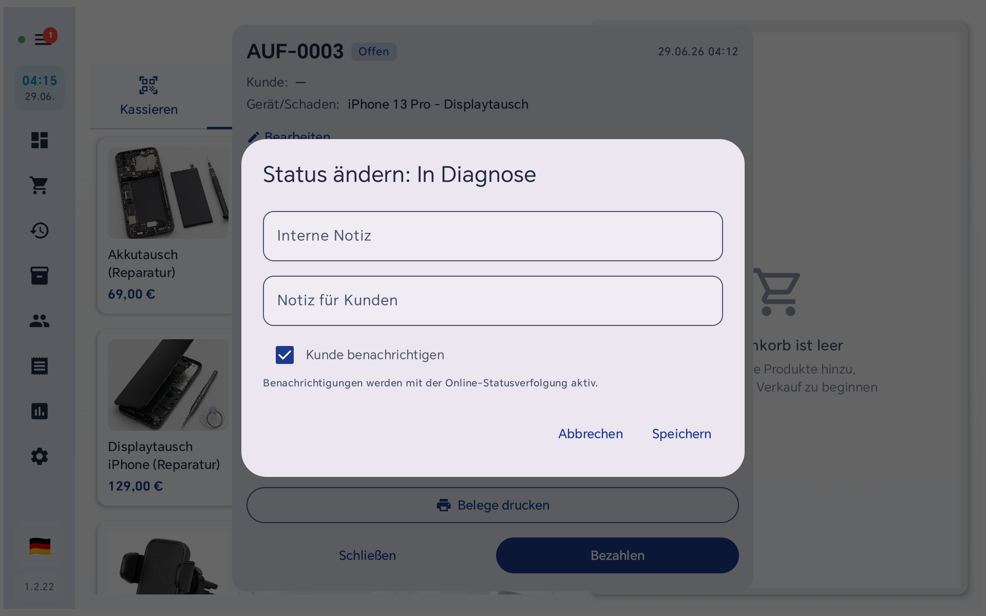 Dialog Status ändern mit Interne Notiz, Notiz für Kunden und Haken Kunde benachrichtigen
