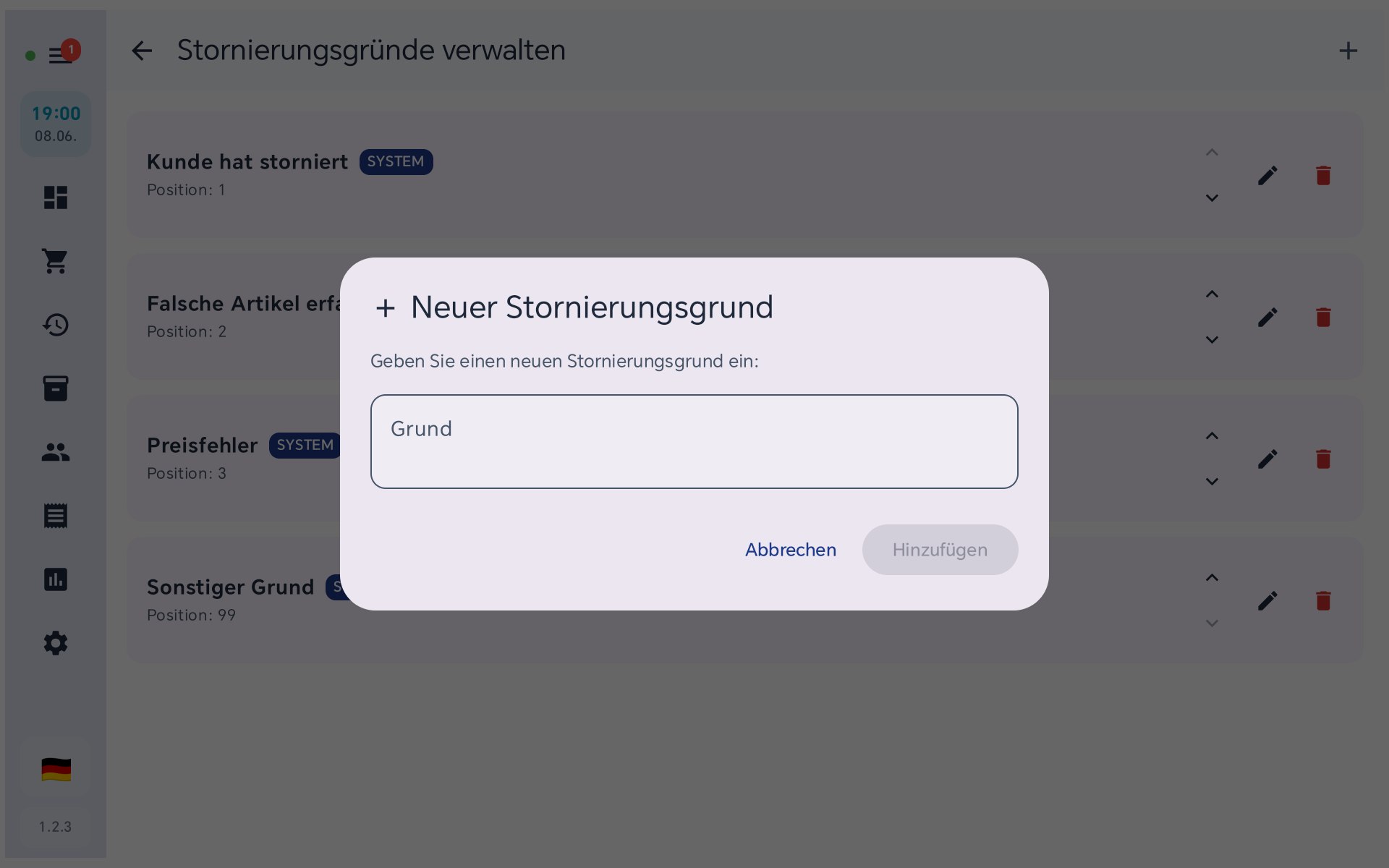 Neuer Stornierungsgrund anlegen in BISpicy POS: Eingabefeld Grund mit Abbrechen und Hinzufügen