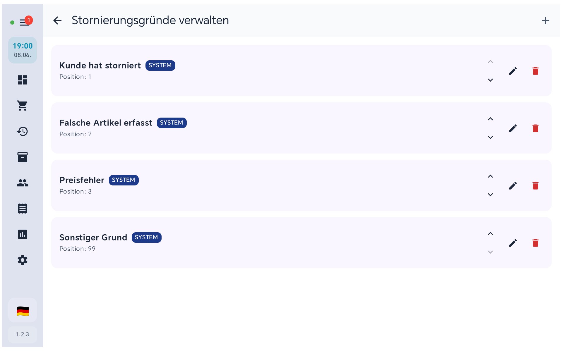 Stornierungsgründe in BISpicy POS: Kunde hat storniert, Falsche Artikel erfasst, Preisfehler, Sonstiger Grund — je mit SYSTEM-Abzeichen, Position und Aktionen