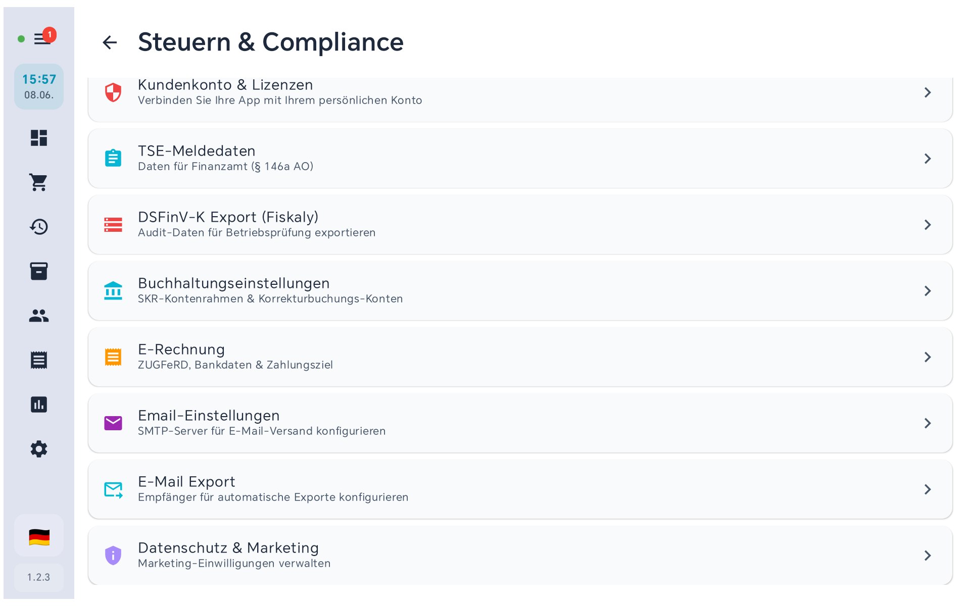 Steuern & Compliance in BISpicy POS: Lizenzen, TSE-Meldedaten, DSFinV-K, Buchhaltung, E-Rechnung, E-Mail, Datenschutz