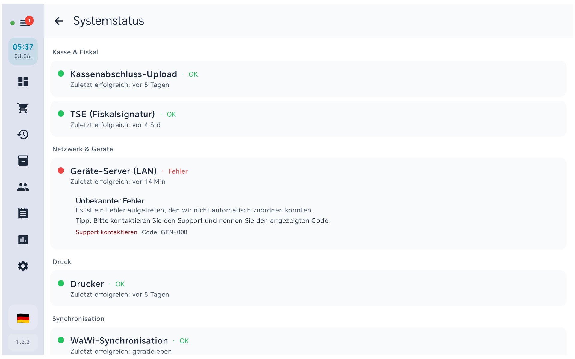 Systemstatus-Übersicht mit Ampeln pro Anbindung in BISpicy POS