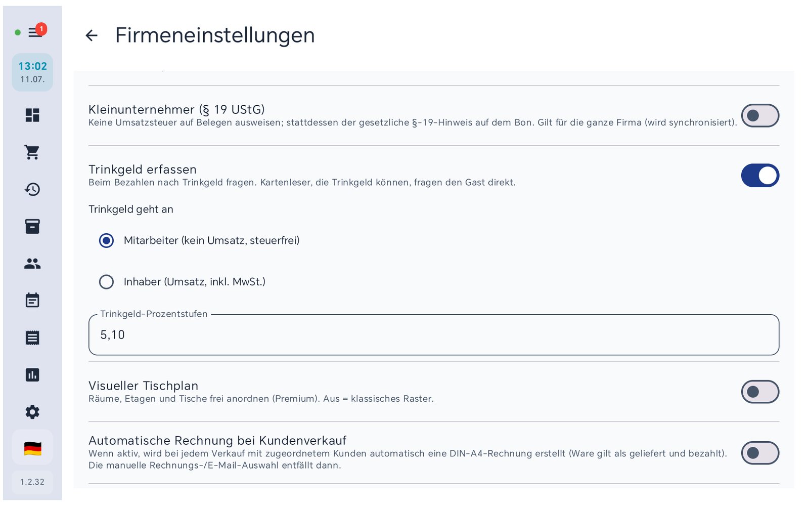 Trinkgeld erfassen aktivieren, Empfänger Mitarbeiter oder Inhaber und Prozentstufen in den Firmeneinstellungen von BISpicy POS