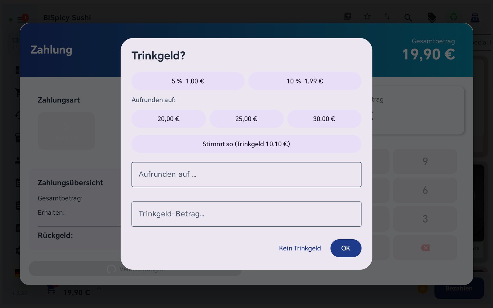 Trinkgeld-Dialog der Kasse mit Prozentstufen, Aufrunden-Vorschlägen und Stimmt-so-Button