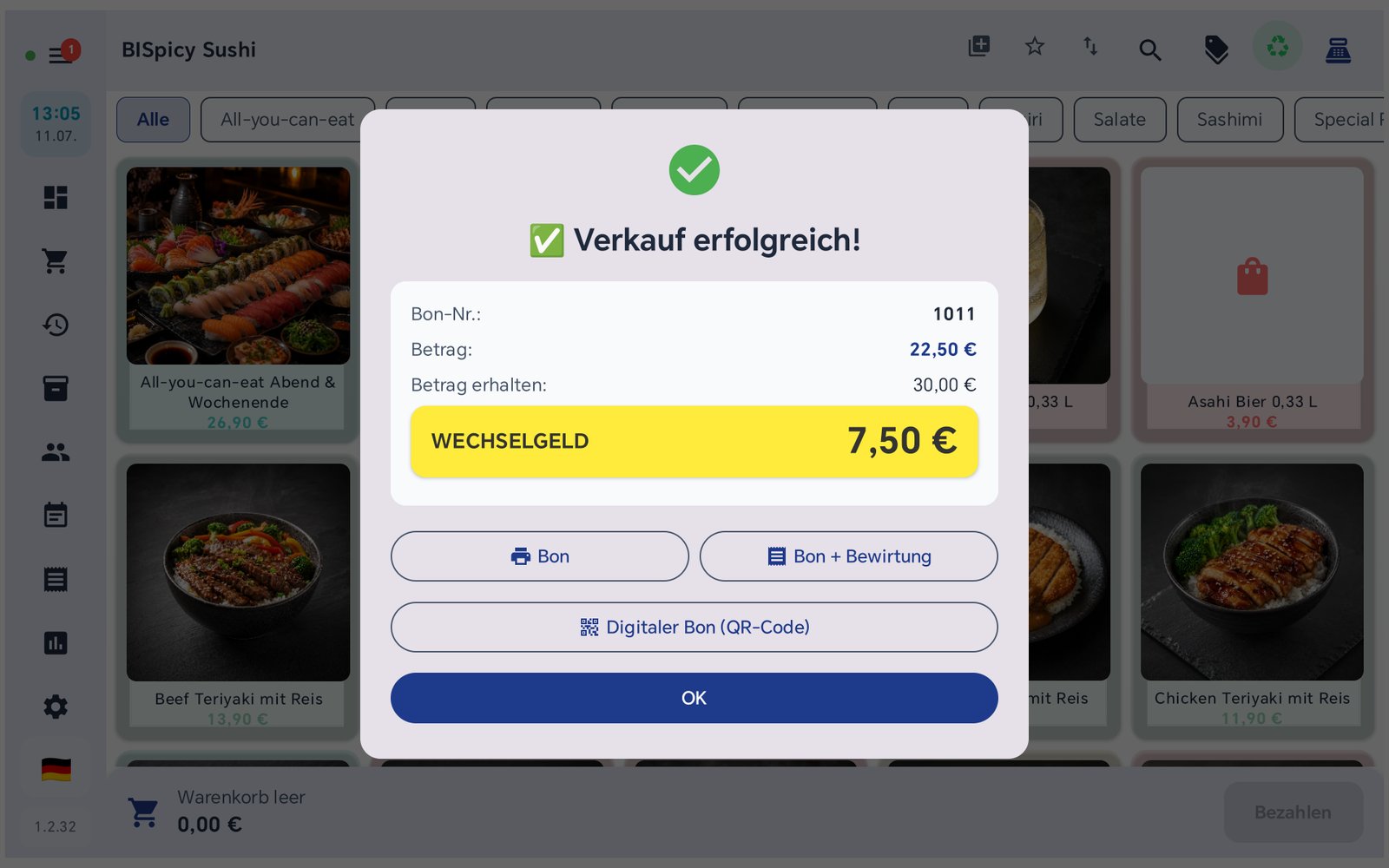 Verkauf erfolgreich abgeschlossen mit Trinkgeld, erhaltenem Betrag und Wechselgeld