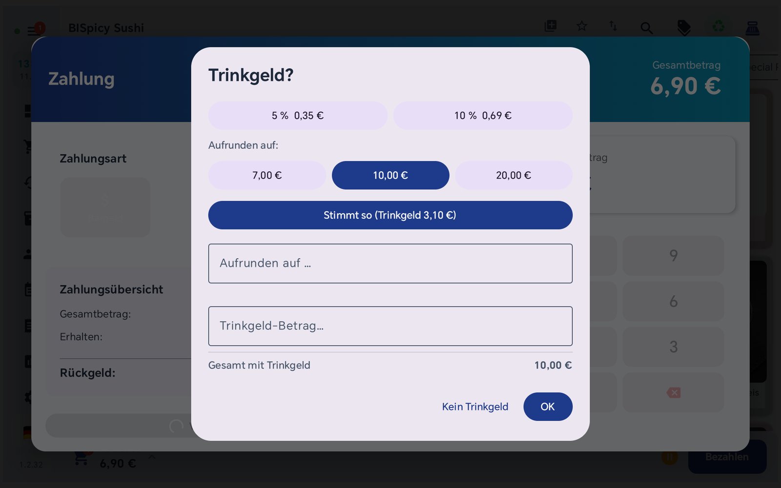 Stimmt-so-Button im Trinkgeld-Dialog macht das Rückgeld zum Trinkgeld