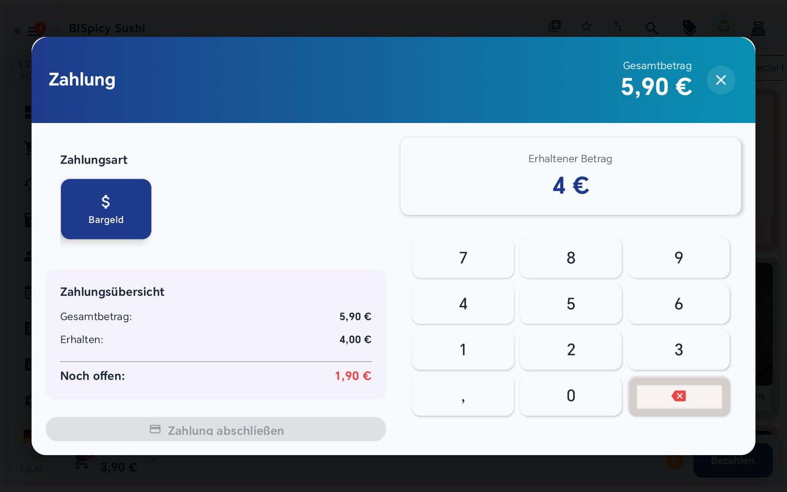 Zahlungsdialog zeigt Noch offen 1,90 Euro, weil das Trinkgeld den hingelegten Betrag übersteigt