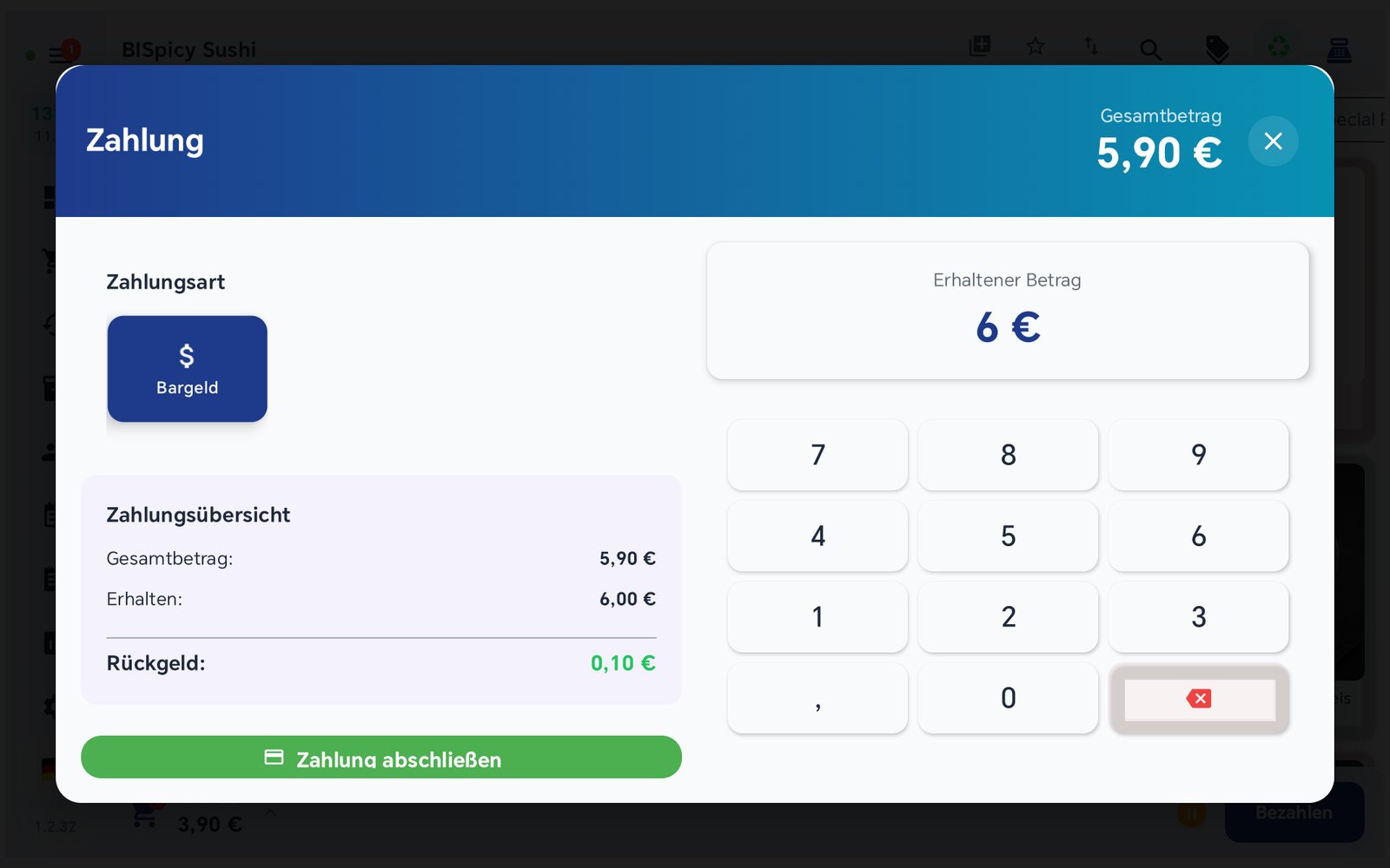 Nach dem Nachkassieren zeigt die Kasse Rückgeld 0,10 Euro und gibt den Abschluss frei