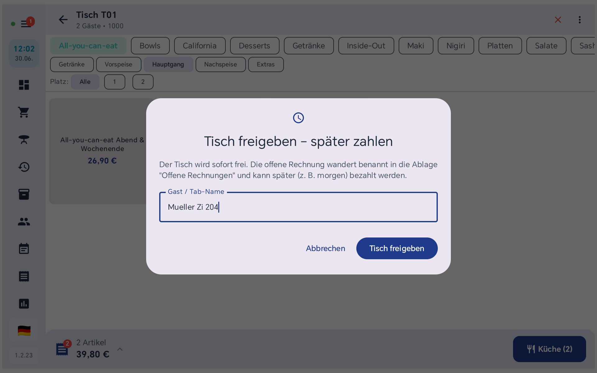 Dialog Tisch freigeben – später zahlen mit Gast-/Tab-Name in BISpicy POS
