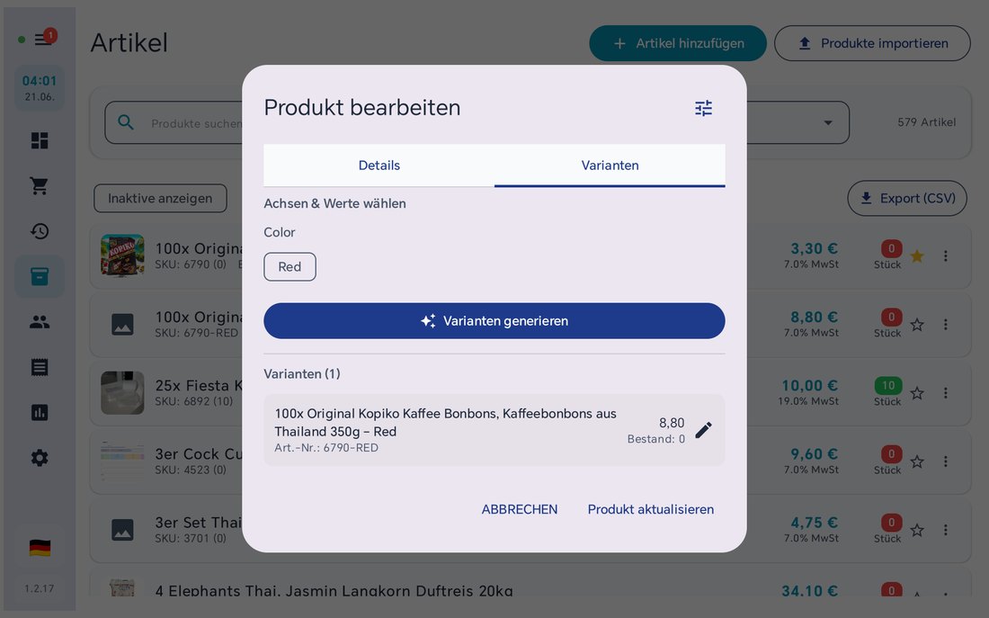 Varianten-Tab im Artikeldialog von BISpicy POS: Achsen und Werte wählen, Varianten generieren, Liste der erzeugten Varianten