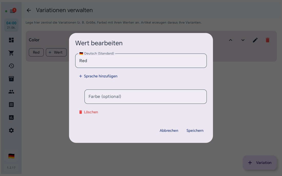 Wert bearbeiten in BISpicy POS: mehrsprachiges Eingabefeld im BISCard-Stil, Sprache hinzufügen und Farbe