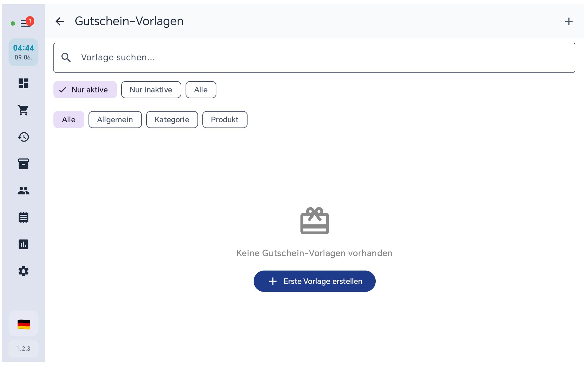 Gutschein-Vorlagen in BISpicy POS: Suche, Status-Filter (Nur aktive/inaktive/Alle), Typ-Filter (Alle/Allgemein/Kategorie/Produkt)