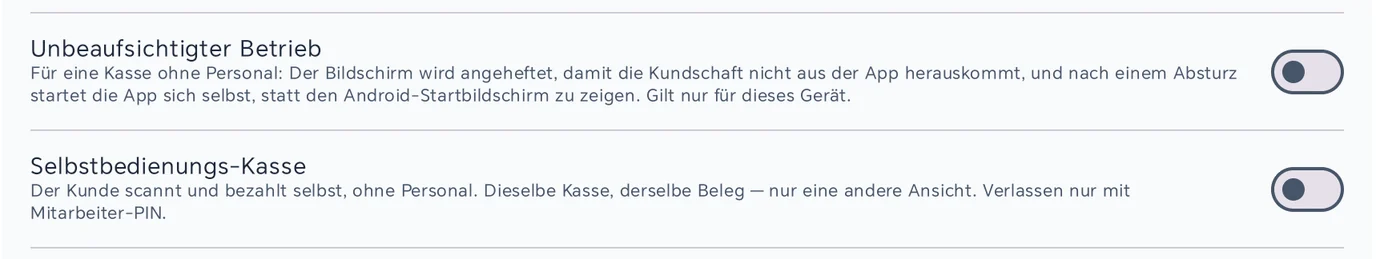 Kassen-Einstellungen: Schalter für unbeaufsichtigten Betrieb und Selbstbedienungs-Kasse