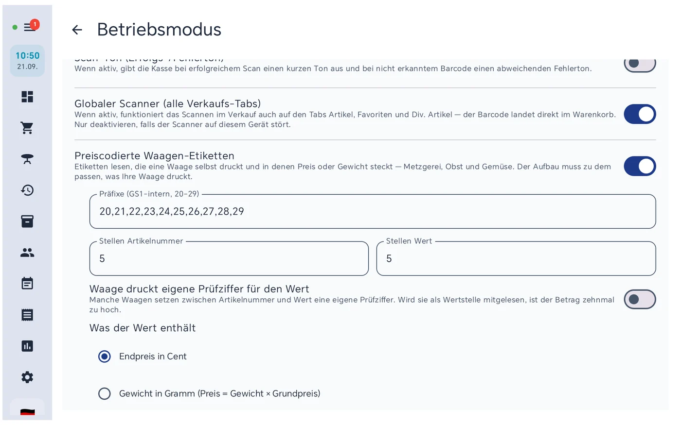 Einstellungen für preiscodierte Waagen-Etiketten mit Präfixen, Stellenzahl und Wertart