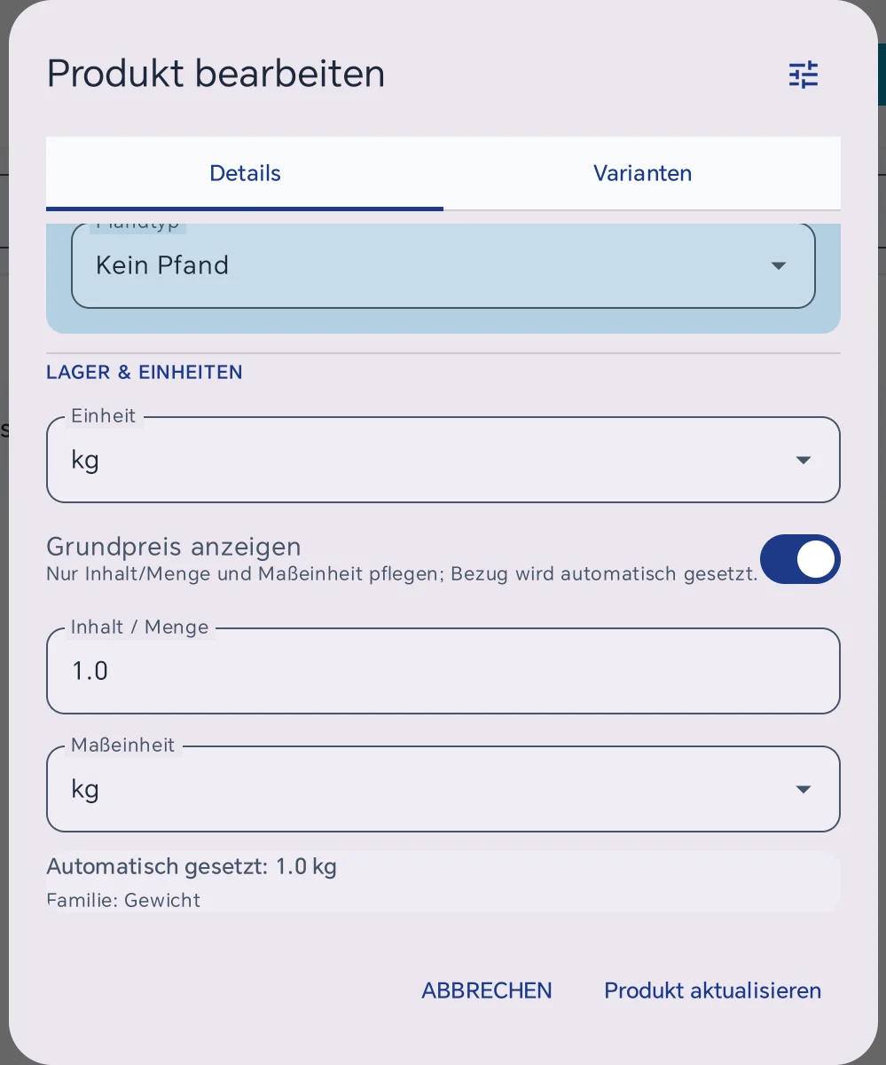 Artikelmaske der Kasse mit Einheit kg, eingeschaltetem Grundpreis und Inhalt 1 kg