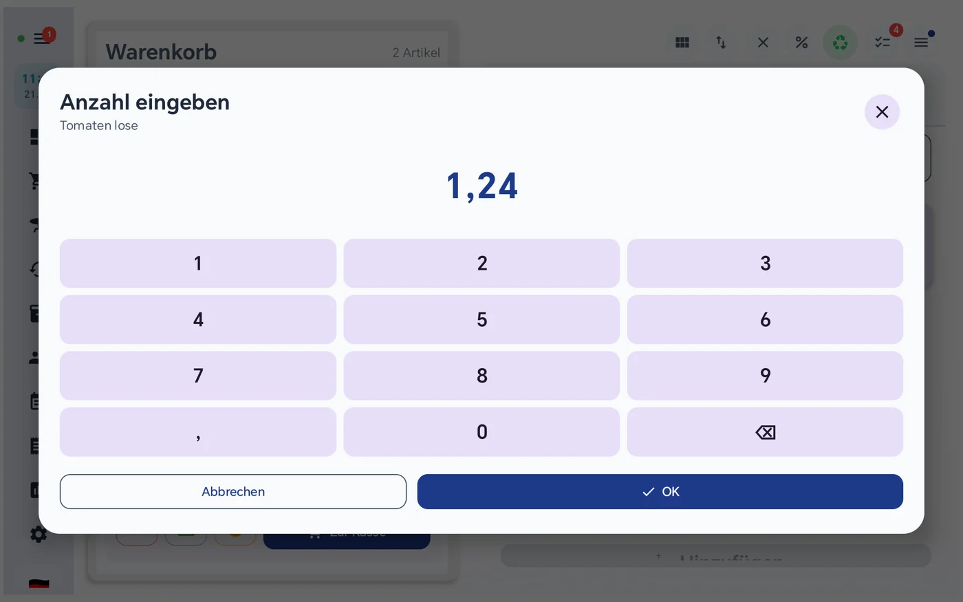 Dialog Anzahl eingeben an der bedienten Kasse mit der Menge 1,24 und Komma-Taste