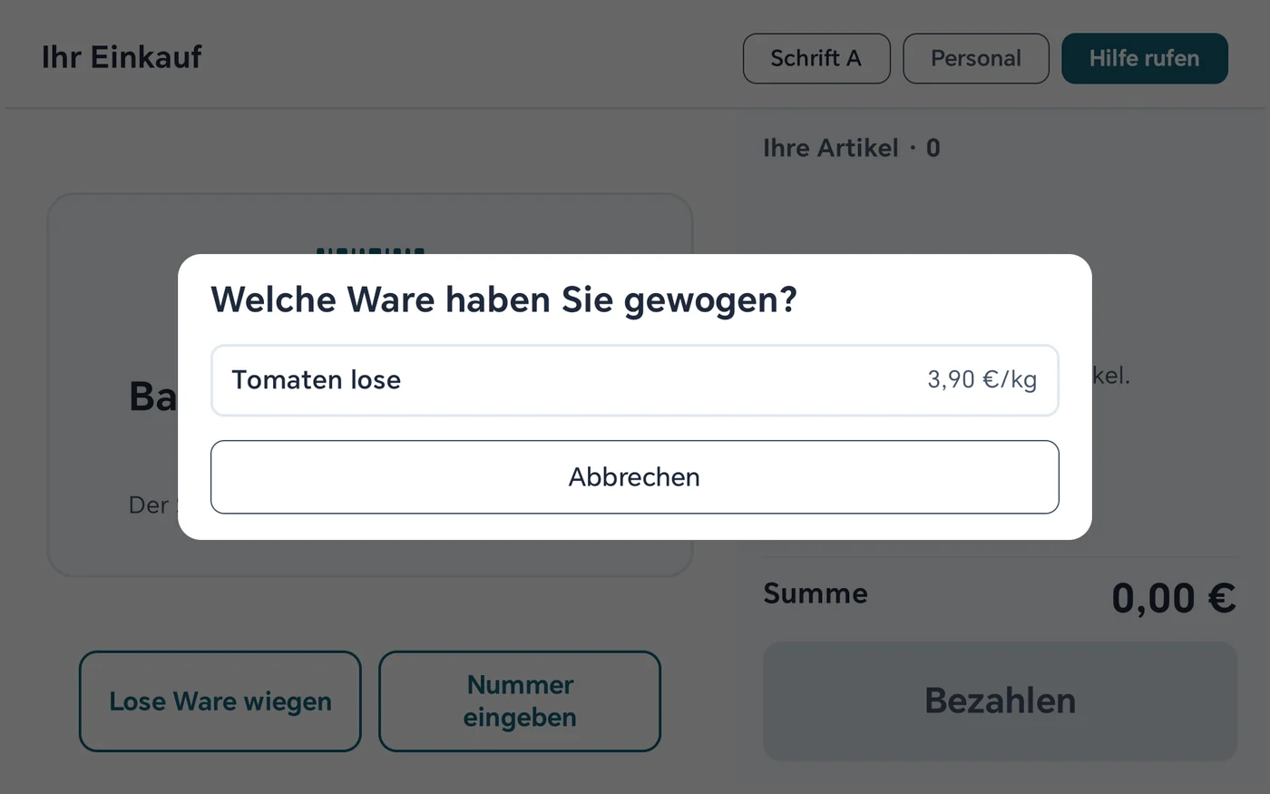 Auswahl der losen Ware an der SB-Kasse: Tomaten lose mit 3,90 Euro je Kilogramm