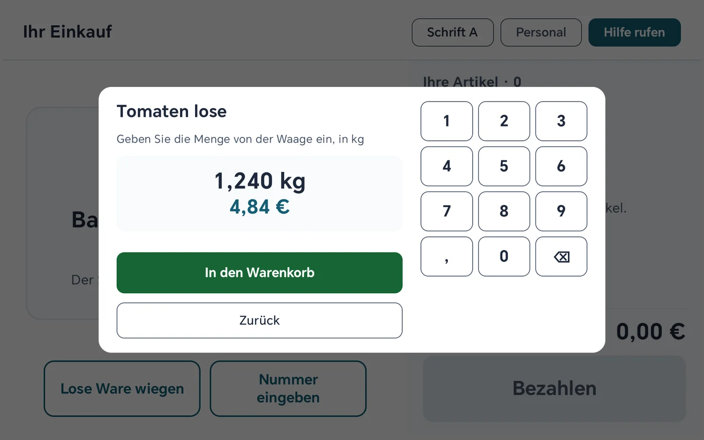Mengeneingabe an der SB-Kasse: 1,240 kg ergeben 4,84 Euro