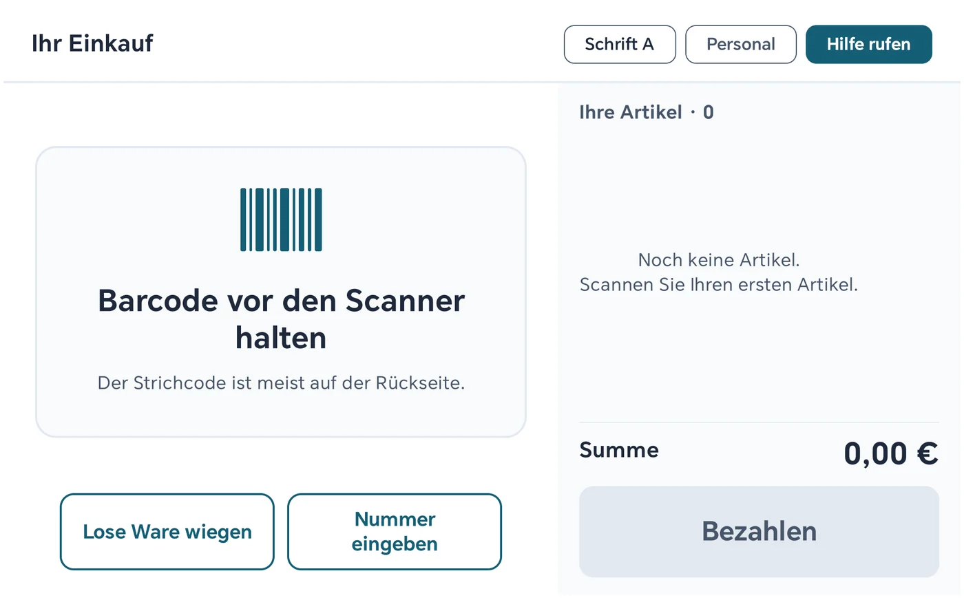 Startbild der Selbstbedienungs-Kasse mit den Knöpfen Lose Ware wiegen und Nummer eingeben