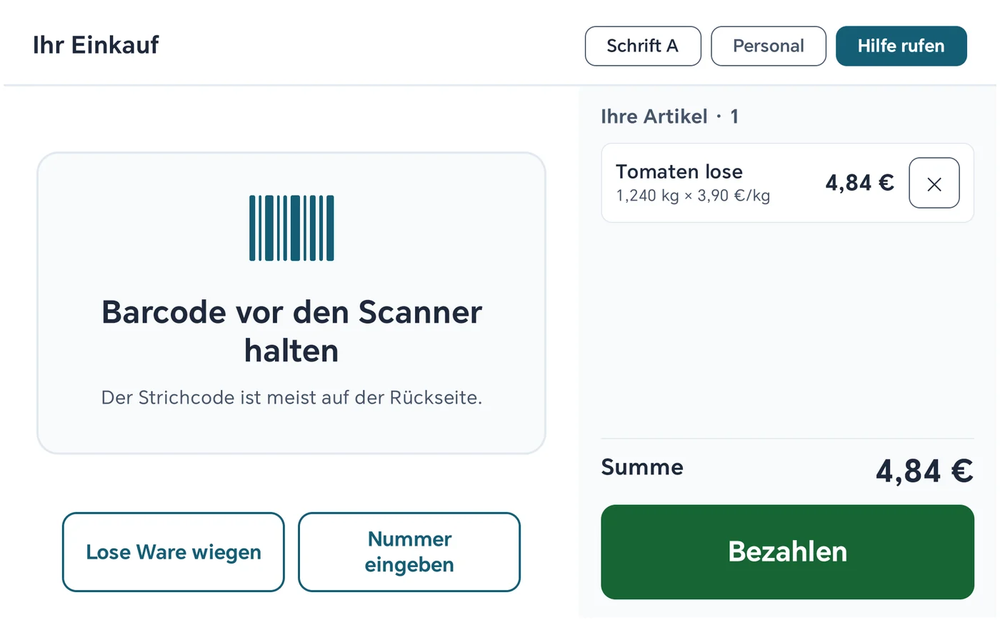 Warenkorb der SB-Kasse mit der Position Tomaten lose, 1,240 kg mal 3,90 Euro je Kilogramm
