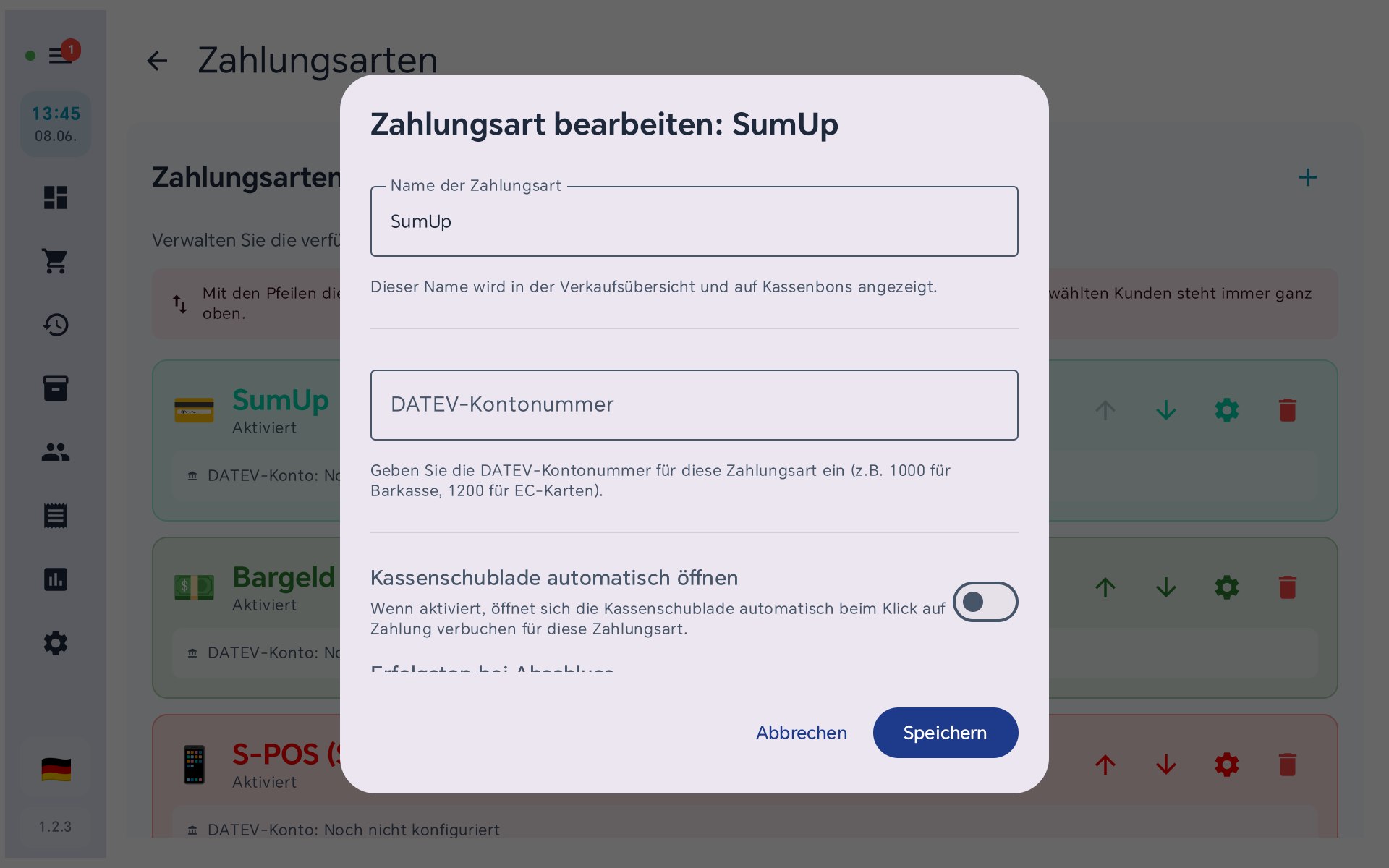 Zahlungsart bearbeiten in BISpicy POS: Name, DATEV-Kontonummer und Kassenschublade automatisch öffnen