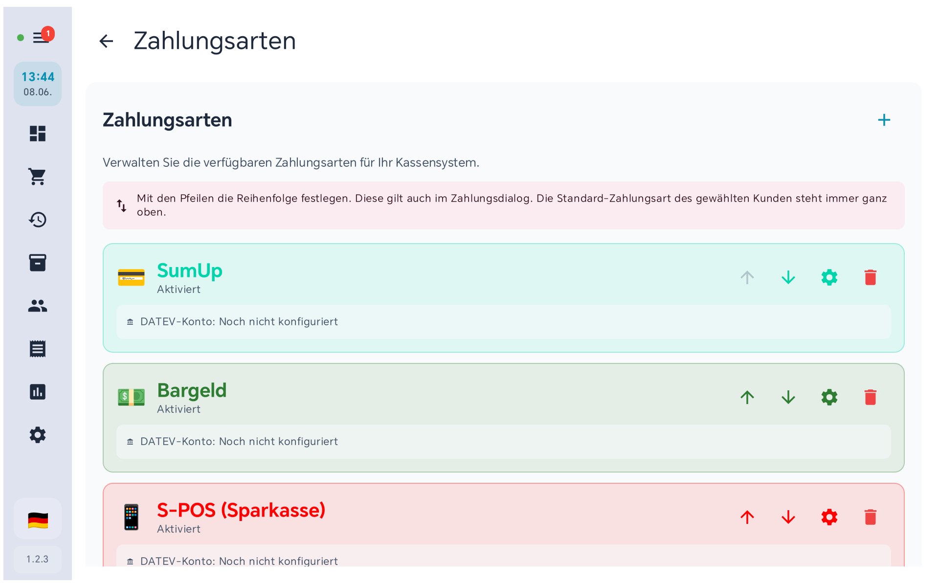 Zahlungsarten-Liste in BISpicy POS: SumUp, Bargeld, S-POS mit Reihenfolge-Pfeilen, Zahnrad und Papierkorb