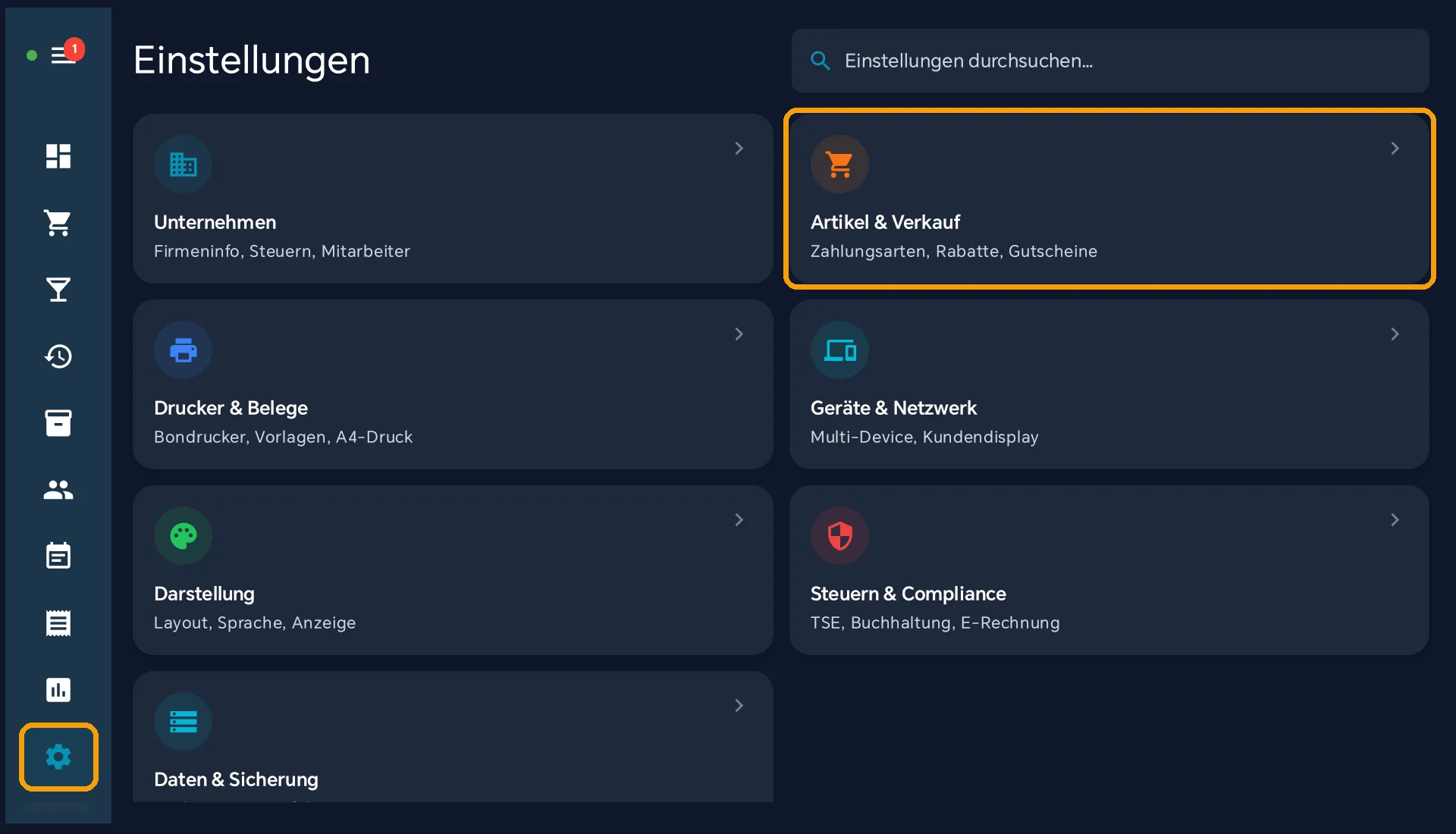 Einstellungen der Kasse mit markierter Kachel Artikel & Verkauf und markiertem Zahnrad unten links