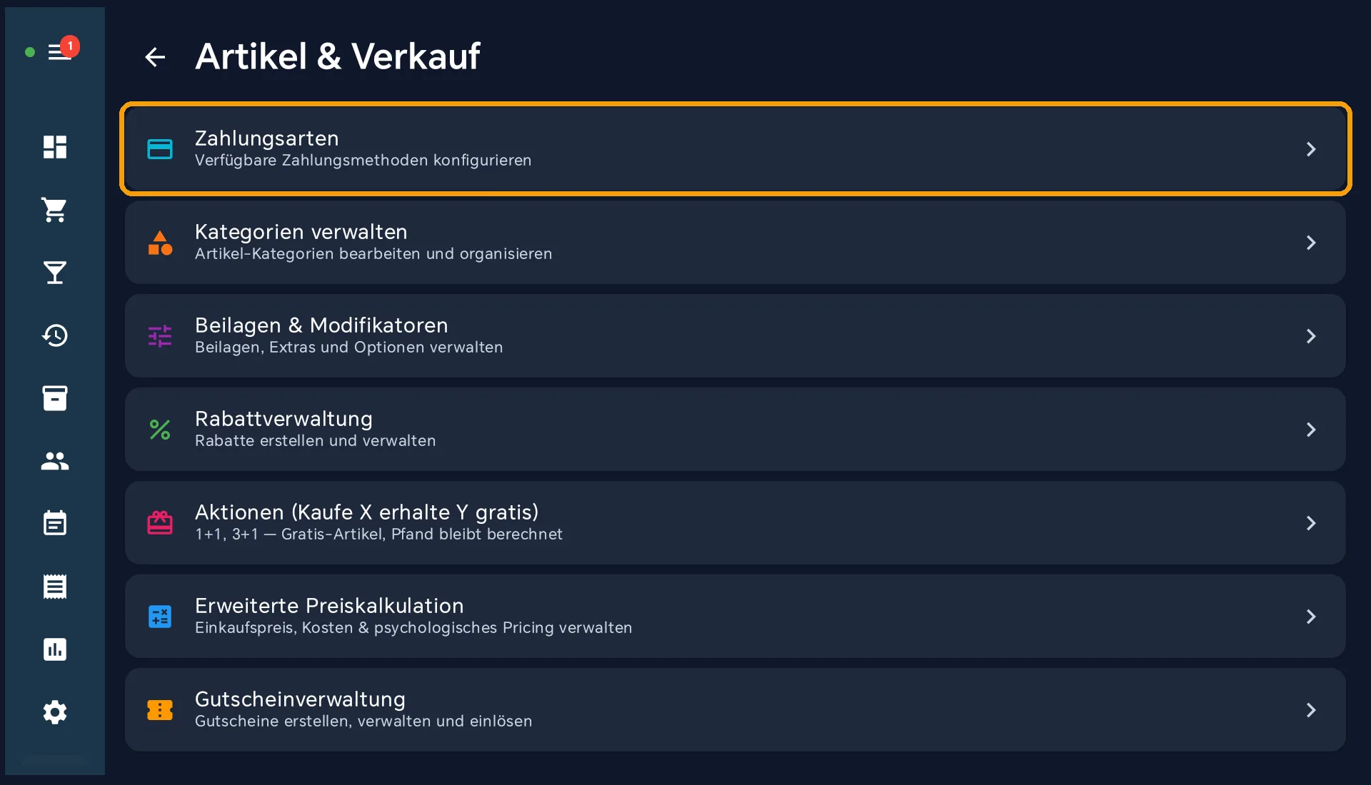 Untermenü Artikel & Verkauf mit markiertem ersten Eintrag Zahlungsarten