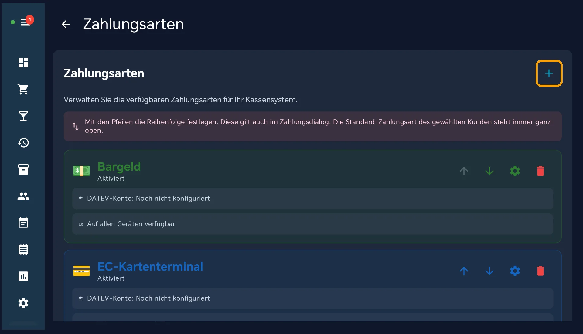 Liste der Zahlungsarten mit markiertem Plus oben rechts