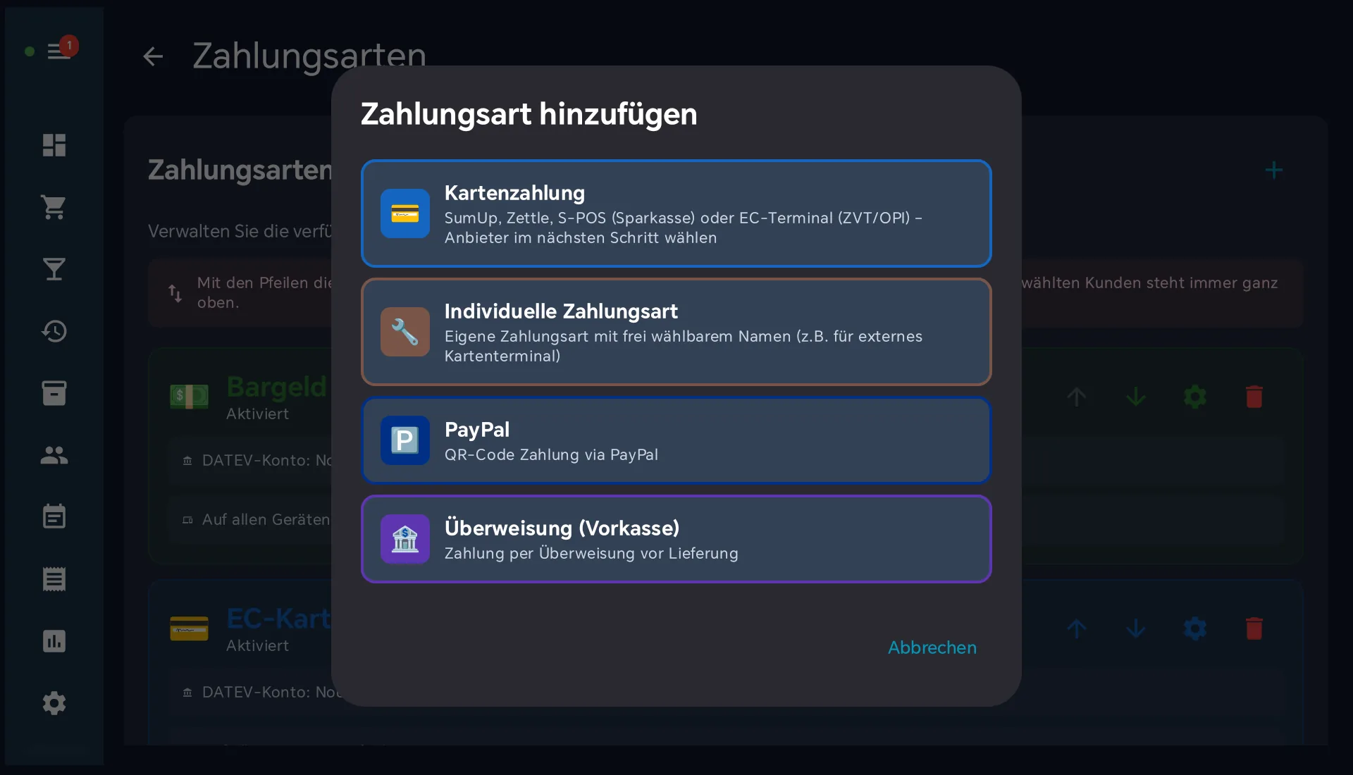 Dialog Zahlungsart hinzufügen mit den Einträgen Kartenzahlung, Individuelle Zahlungsart, PayPal und Überweisung