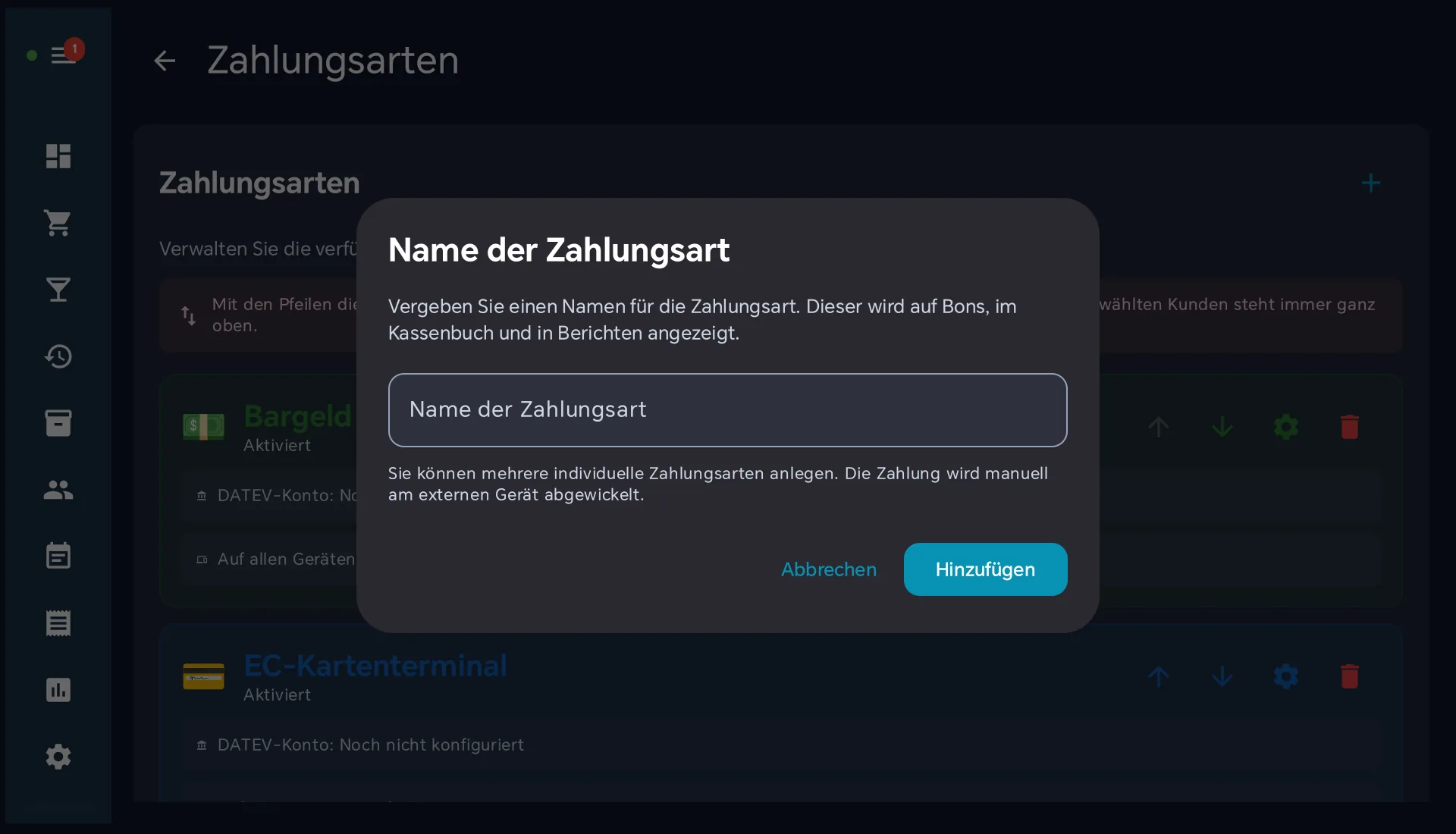 Leeres Fenster Name der Zahlungsart mit Abbrechen und Hinzufügen