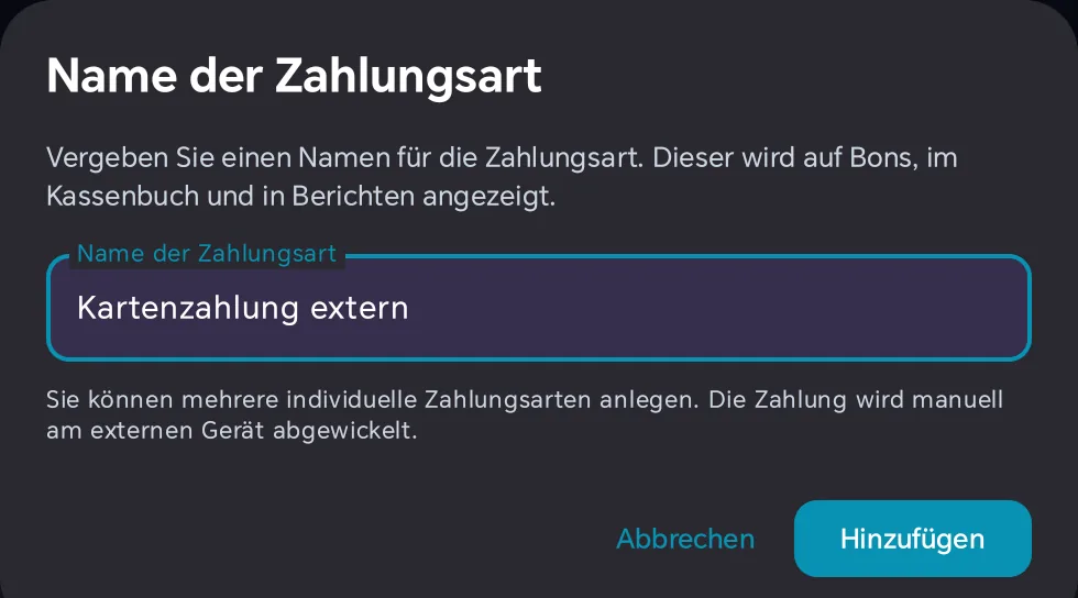 Fenster Name der Zahlungsart mit eingetragenem Namen Kartenzahlung extern