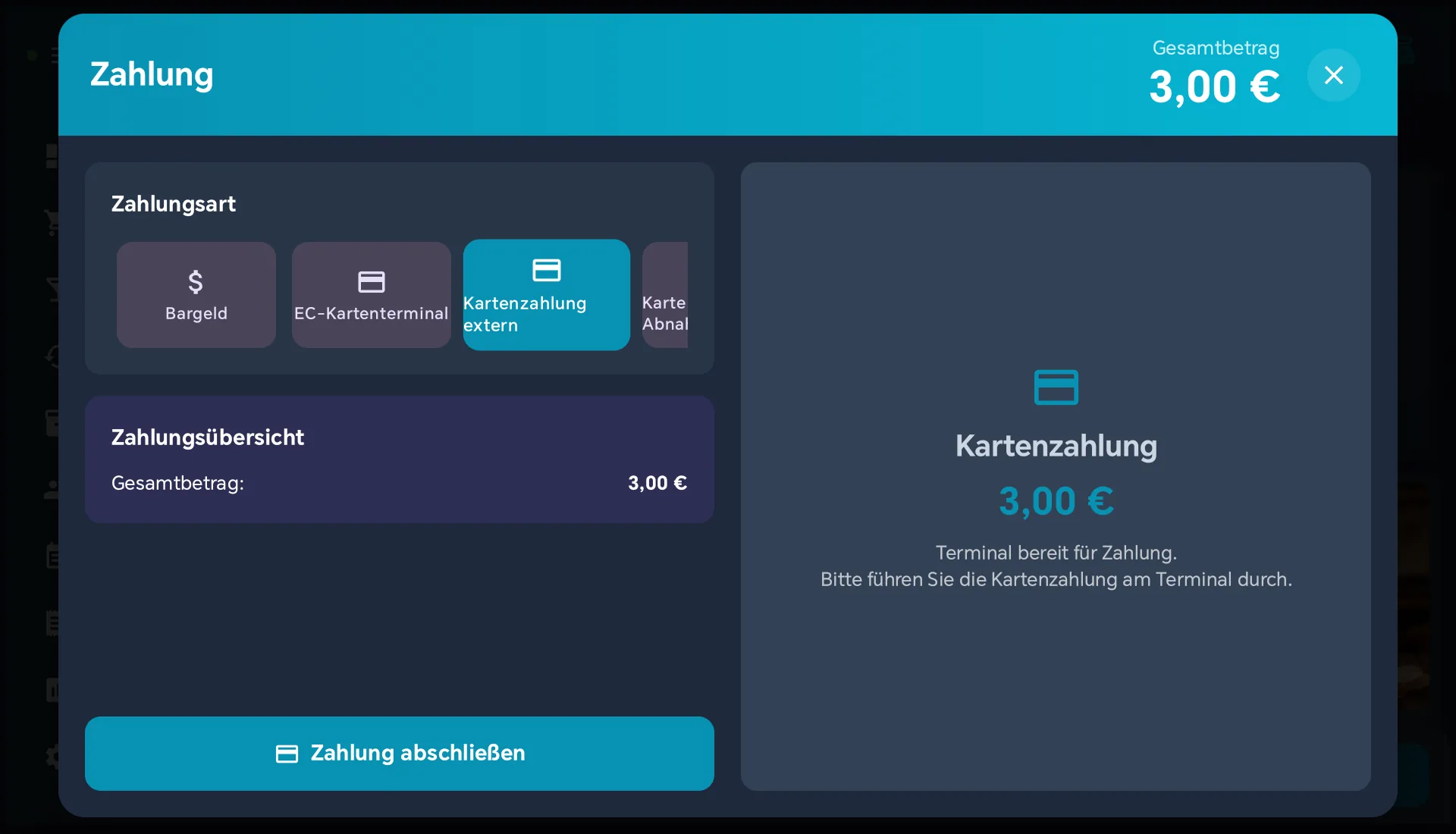 Zahlungsdialog mit gewählter Zahlart Kartenzahlung extern und dem Hinweis Terminal bereit für Zahlung