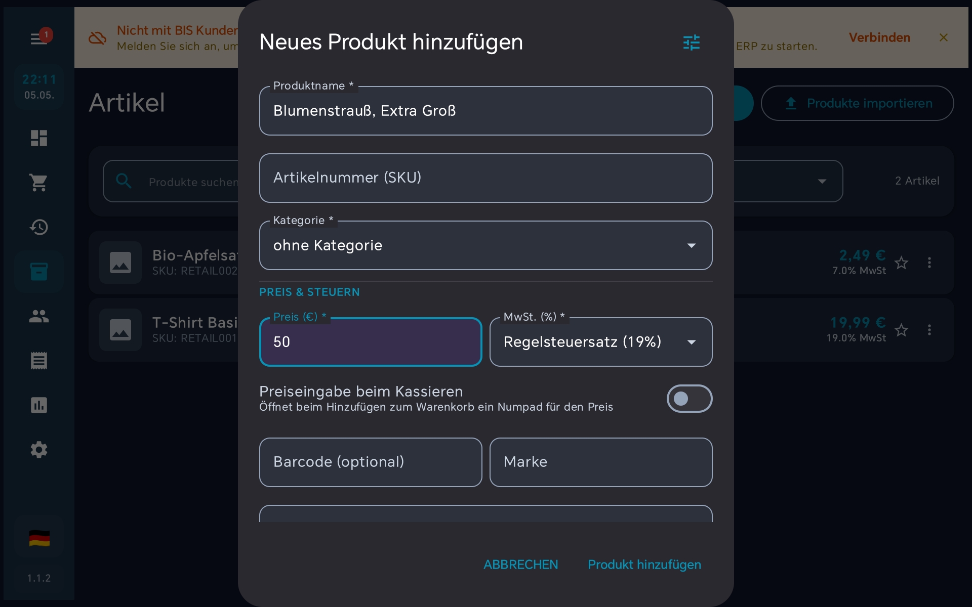 Artikeldialog mit aktivierter Preiseingabe-Checkbox in BISpicy POS