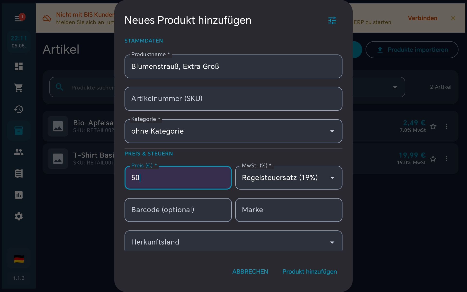 Artikeldialog ohne sichtbare Preiseingabe-Checkbox (BISView ausgeblendet)