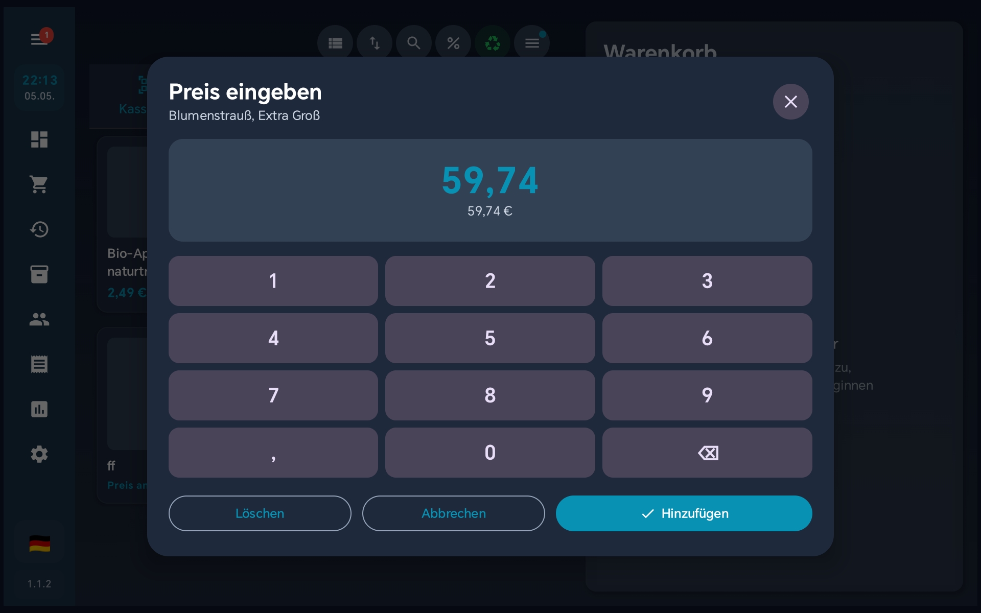 Preis 59,74 EUR im Numpad eingegeben - Hinzufügen-Button aktiv